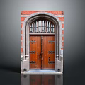 Traditional Entrance Gate With Red Brick Frame Arched Top And Wooden Double Doors Decorative Metal Fittings