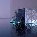 Modern Exhibition Booth With Geometric Transparent Metal Frame And Blue Lighting Reflection