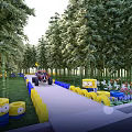 Road Facilities In Bamboo Forest With Fun Go-Karts And Yellow Blue Decorative Barrels
