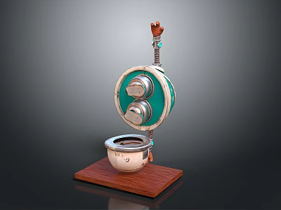 Decorative Mechanical Device With Green Circular Panel Silver Knobs Bowl And Wooden Base 3d model