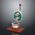Decorative Mechanical Device With Green Circular Panel Silver Knobs Bowl And Wooden Base