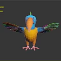 Vibrant Bird With Blue Head Orange Beak Yellow Body Green Wings Standing On Black Surface