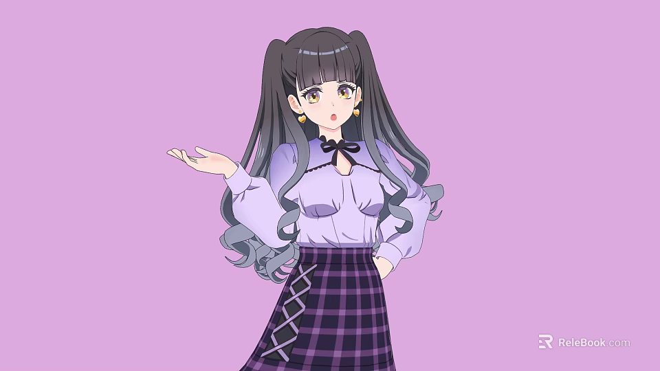 Anime Girl with Long Black Hair Twin Ponytails Purple Shirt Bow Plaid Skirt Lavender Background 3d model 