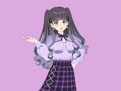 Anime Girl with Long Black Hair Twin Ponytails Purple Shirt Bow Plaid Skirt Lavender Background 3d model