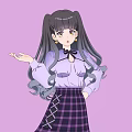 Anime Girl with Long Black Hair Twin Ponytails Purple Shirt Bow Plaid Skirt Lavender Background