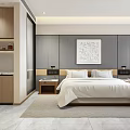 Modern Hotel Room Interior With King Bed White Bedding Wall Art Gray Rug And TV