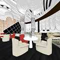 Hotel Public Lounge Area Featuring Golden Chandelier Striped Walls And Black White Geometric Floor