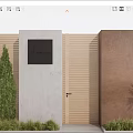 Modern Entrance Gate With Concrete Panel And Wooden Slats Surrounded By Green Shrubs
