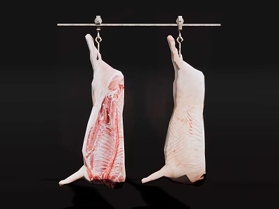Two Raw Meat Carcasses Hanging On Metal Rod With Hooks Against Black Background 3d model