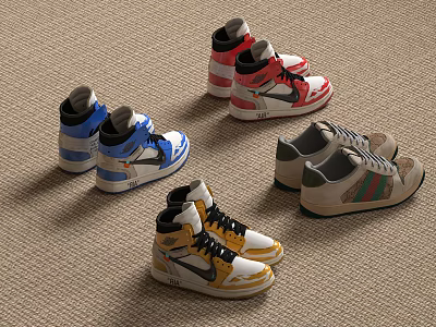 Stylish High Top And Low Top Shoes In Blue Red Yellow Beige Colors 3d model