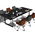 Modern Conference Table With Black Tabletop Metal Legs Surrounding Chairs Laptop Documents Coffee Cups