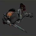 Hooded Character With Rifle And Mystical Creature In Gray Orange Robe Design
