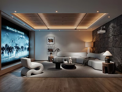 Modern Home Theater Interior Design With Large Screen Projector Comfortable Sofa And Wooden Ceiling 3d model