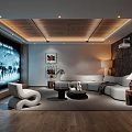 Modern Home Theater Interior Design With Large Screen Projector Comfortable Sofa And Wooden Ceiling