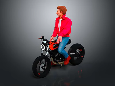 Man in Red Jacket and Blue Jeans Sitting on Orange Motorcycle Against Gray Background 3d model