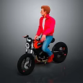 Man in Red Jacket and Blue Jeans Sitting on Orange Motorcycle Against Gray Background