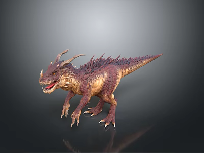 Spiked Horned Purple Brown Dinosaur 3D Model With Sharp Teeth Roaring On Dark Background 3d model