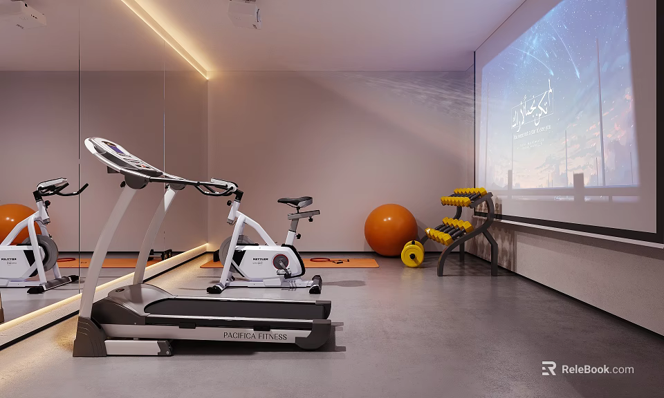 Modern Fitness Gym With Treadmill Exercise Bike Orange Ball Dumbbells And Projector Screen 3d model 