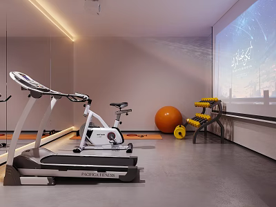 Modern Fitness Gym With Treadmill Exercise Bike Orange Ball Dumbbells And Projector Screen 3d model