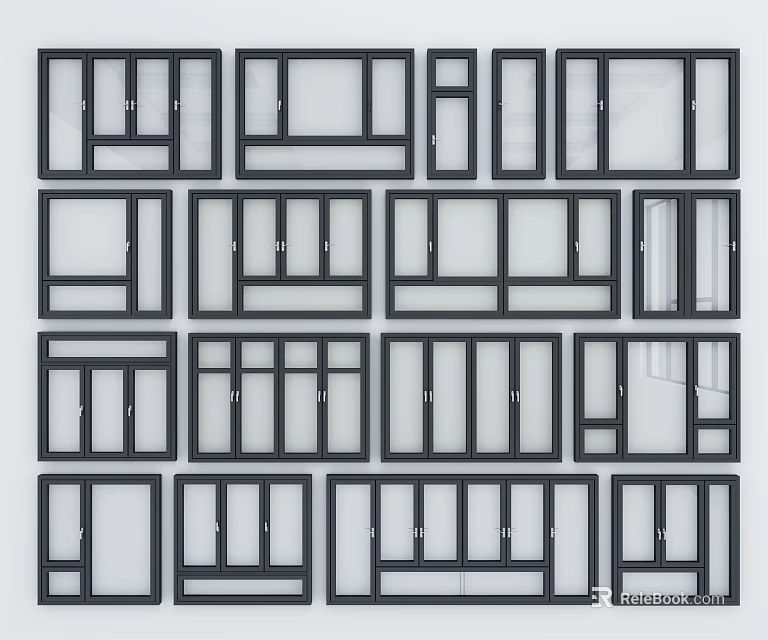 Various Modern Window Frame Designs With Different Glass Panels And Structures 3d model