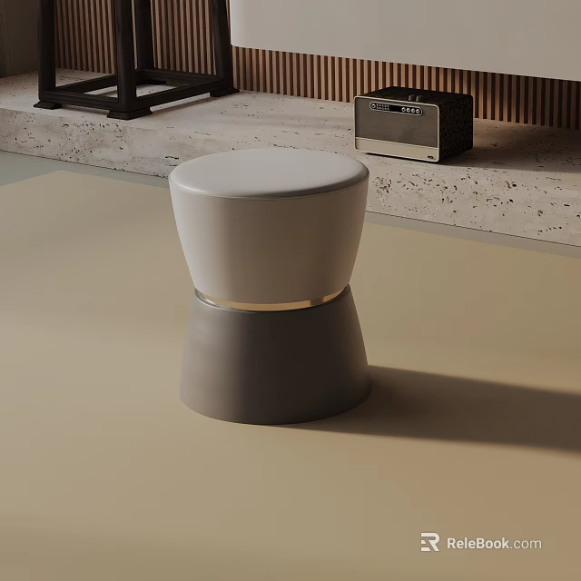 Modern Round Side Table With White Cushioned Top And Gray Base With Gold Accent 3d model 