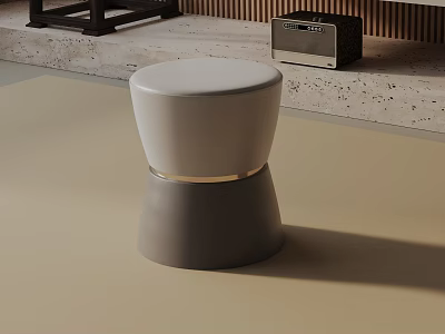 Modern Round Side Table With White Cushioned Top And Gray Base With Gold Accent 3d model