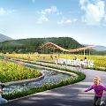 Rural Landscape Featuring Rice Fields Flowing Stream People Walking And Green Mountain Views