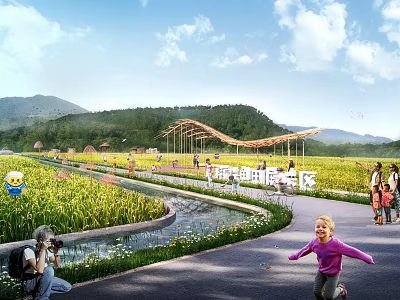 Rural Landscape Featuring Rice Fields Flowing Stream People Walking And Green Mountain Views 3d model