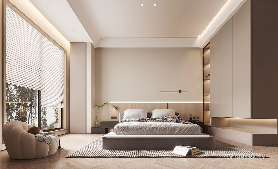 Modern Bedroom Interior Design With Platform Bed Wooden Headboard And Large Window Blinds 3d model 