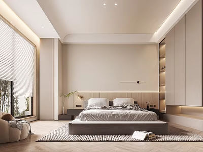 Modern Bedroom Interior Design With Platform Bed Wooden Headboard And Large Window Blinds 3d model