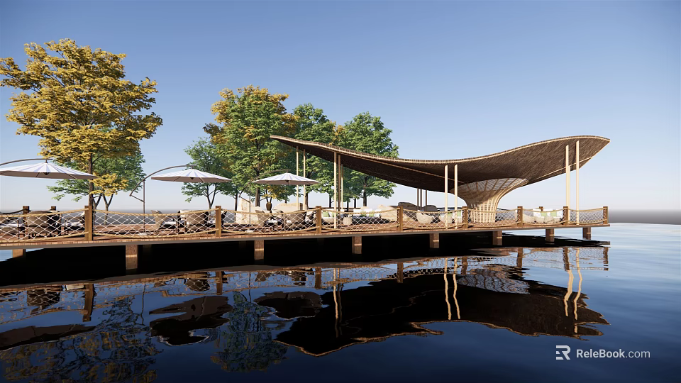Relaxing Lakeside Garden Landscape With Wooden Deck Canopy And Water Reflection 3d model 