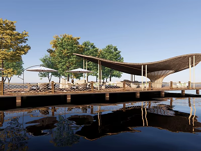 Relaxing Lakeside Garden Landscape With Wooden Deck Canopy And Water Reflection 3d model