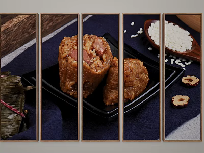 Traditional Glutinous Rice Dumplings With Pork And Red Dates On Black Plate 3d model