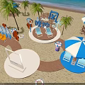 Summer Together Beach Scene With Blue White Umbrellas Palm Trees And Seating