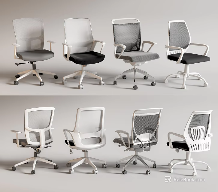 Modern Mesh Back Office Chairs With White Gray Frames And Rolling Wheels 3d model 