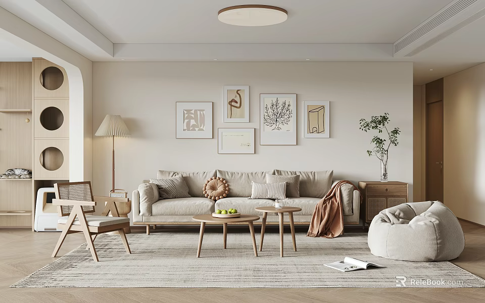 Modern Living Room Interior With Beige Sofa Decorative Paintings Floor Lamp And Wooden Coffee Table 3d model 