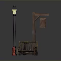 Outdoor Street Scene With Street Lamp Wooden Bench Red Fire Hydrant And Hanging Bucket
