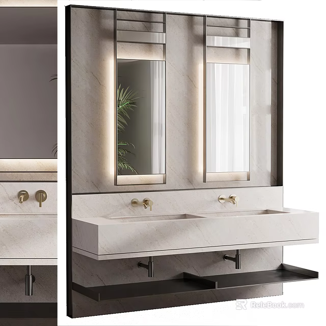 Modern Washbasin Vanity Design With Marble Countertop Double Sinks And Backlit Mirrors 3d model 