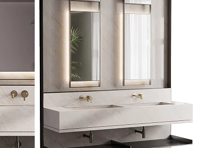 Modern Washbasin Vanity Design With Marble Countertop Double Sinks And Backlit Mirrors 3d model
