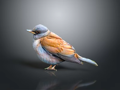 Bird With Grey Head Brown Wings And Blue Belly Standing On Black Reflective Surface 3d model