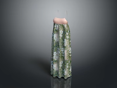 Elegant Spaghetti Strap Long Dress With Pink Top And Green Leaf Print 3d model