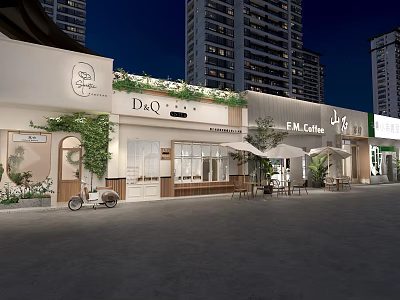 Vibrant Commercial Street at Night with Cafes Outdoor Seating Green Plants and Modern Buildings 3d model
