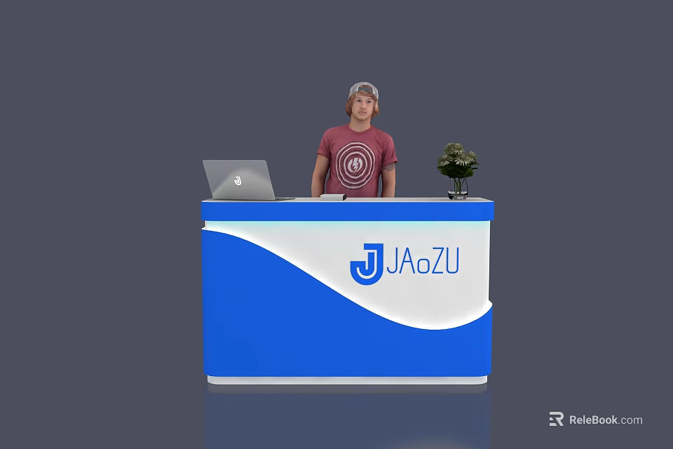 Exhibition Reception Desk With Blue And White Design Laptop And Small Plant 3d model 