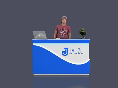 Exhibition Reception Desk With Blue And White Design Laptop And Small Plant 3d model