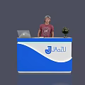 Exhibition Reception Desk With Blue And White Design Laptop And Small Plant