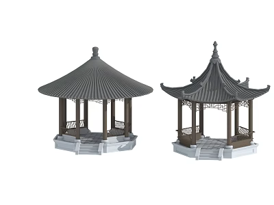 Two Traditional Chinese Pavilions With Ornate Roofs And Stone Base Structures 3d model