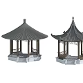 Two Traditional Chinese Pavilions With Ornate Roofs And Stone Base Structures