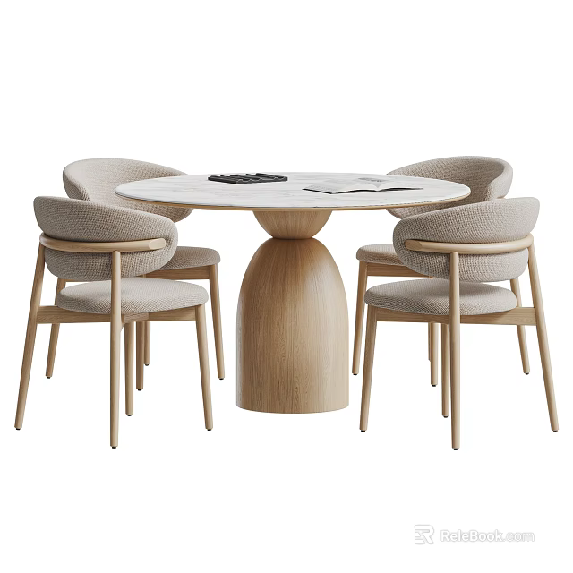 Modern Round Dining Table with Four Light Colored Upholstered Chairs Wooden Base 3d model