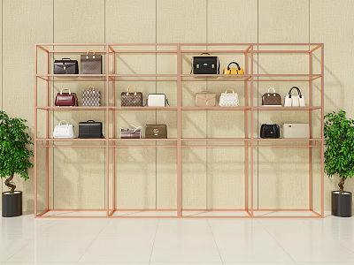Modern Metal Rack Showcasing Various Handbags With Green Plants In Display Area 3d model