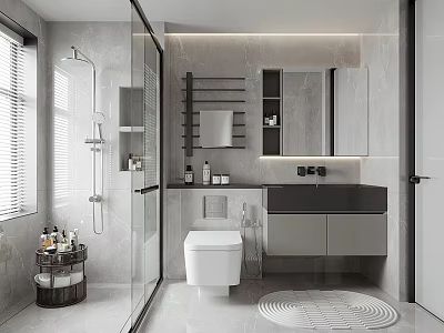 Modern Bathroom Interior Design With Glass Shower White Toilet Marble Vanity And Large Mirror 3d model